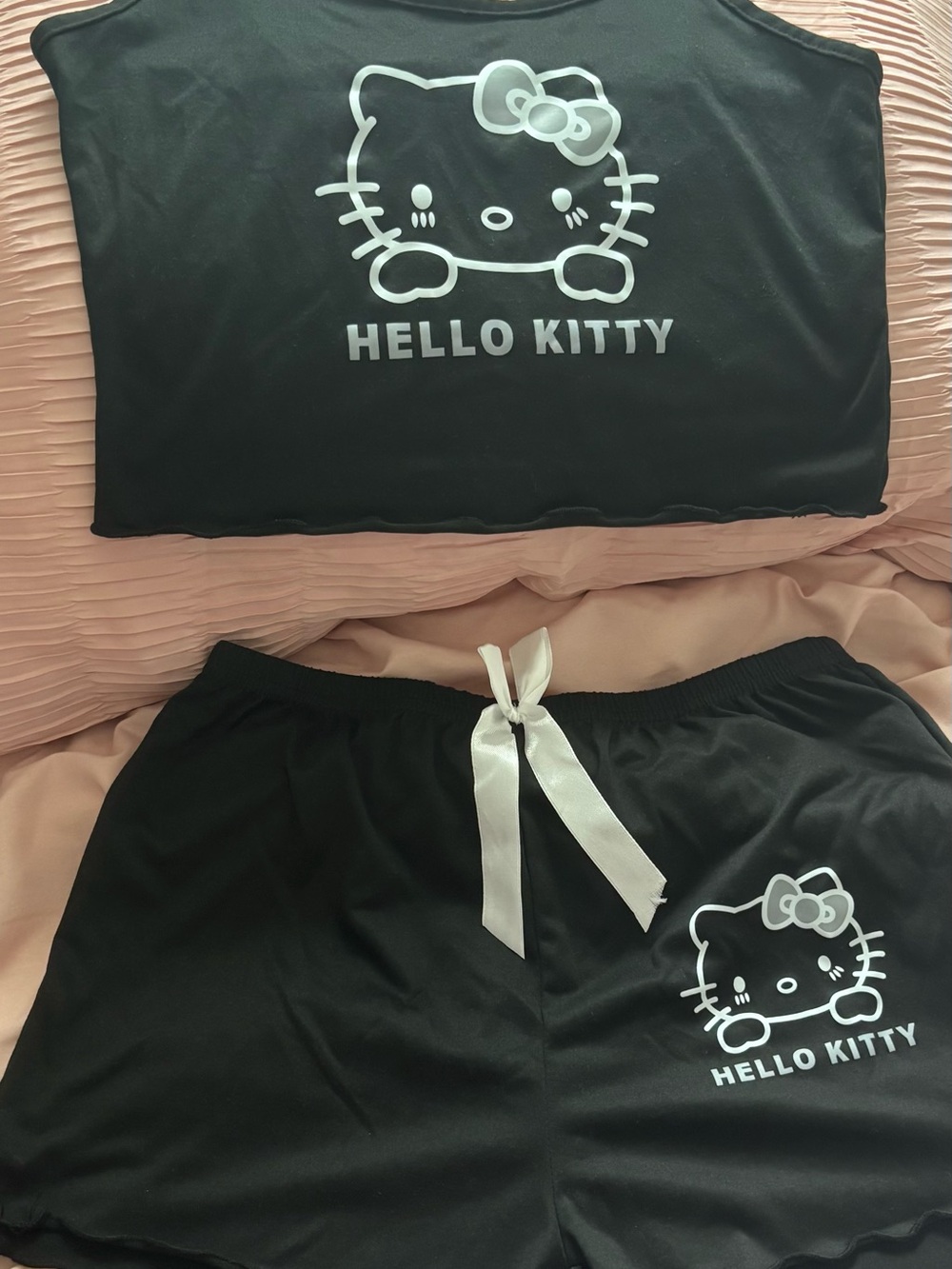 Hello Kitty Black Crop Tank & Shorts Sleep Set with White Accents